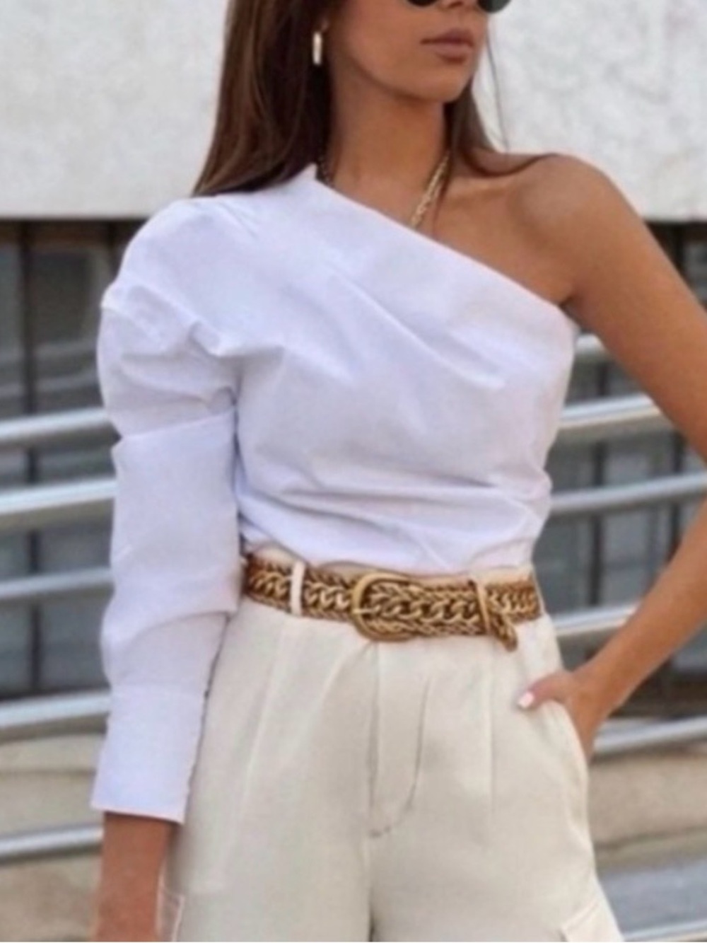 Zara White Asymmetrical Draped Blouse | Shoulder Button Detail on back | Size S